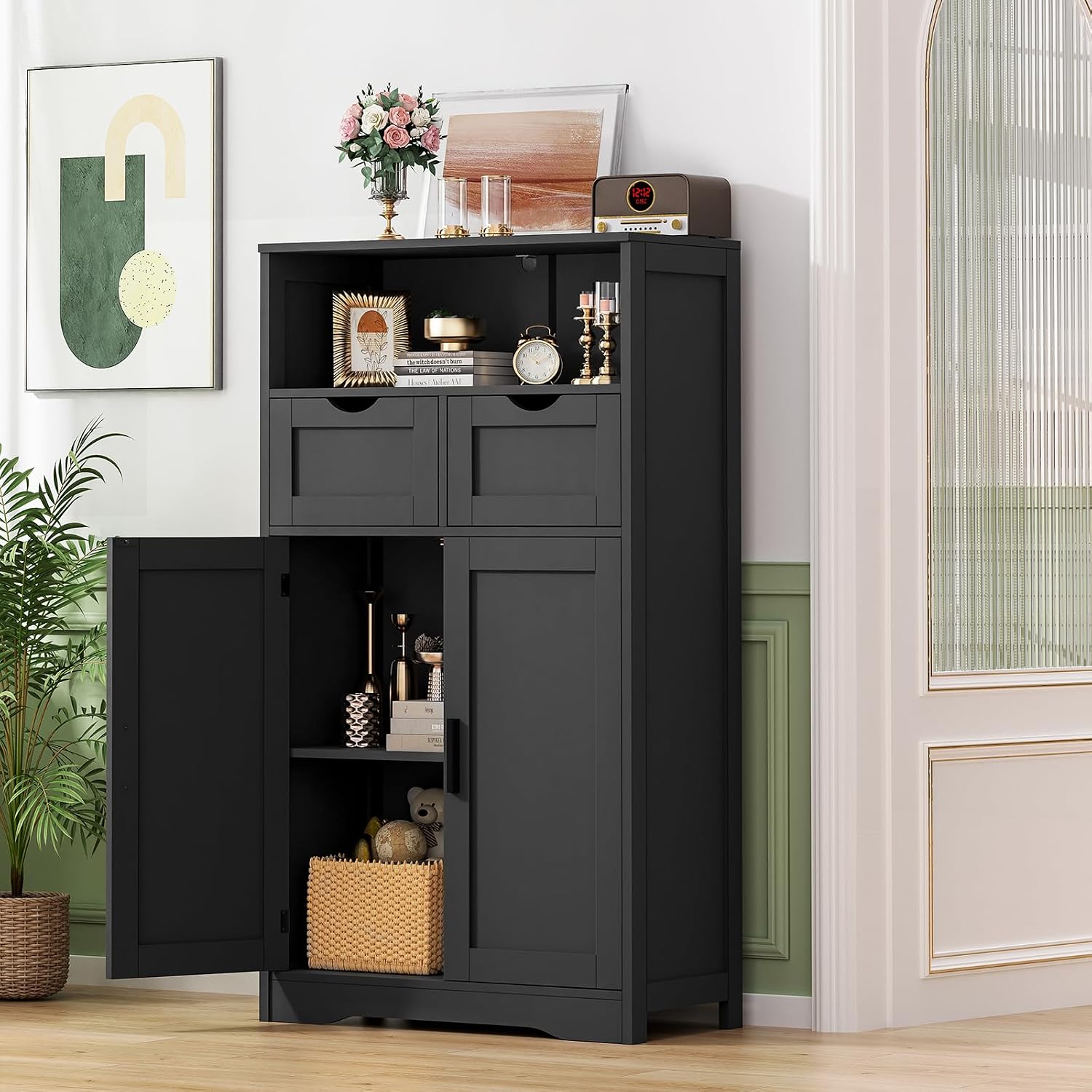 Iwell Storage Cabinet with Doors & Shelves, Kitchen Pantry Cabinet, Bathroom Cabinets for Living Room, Kitchen, Laundry, Black