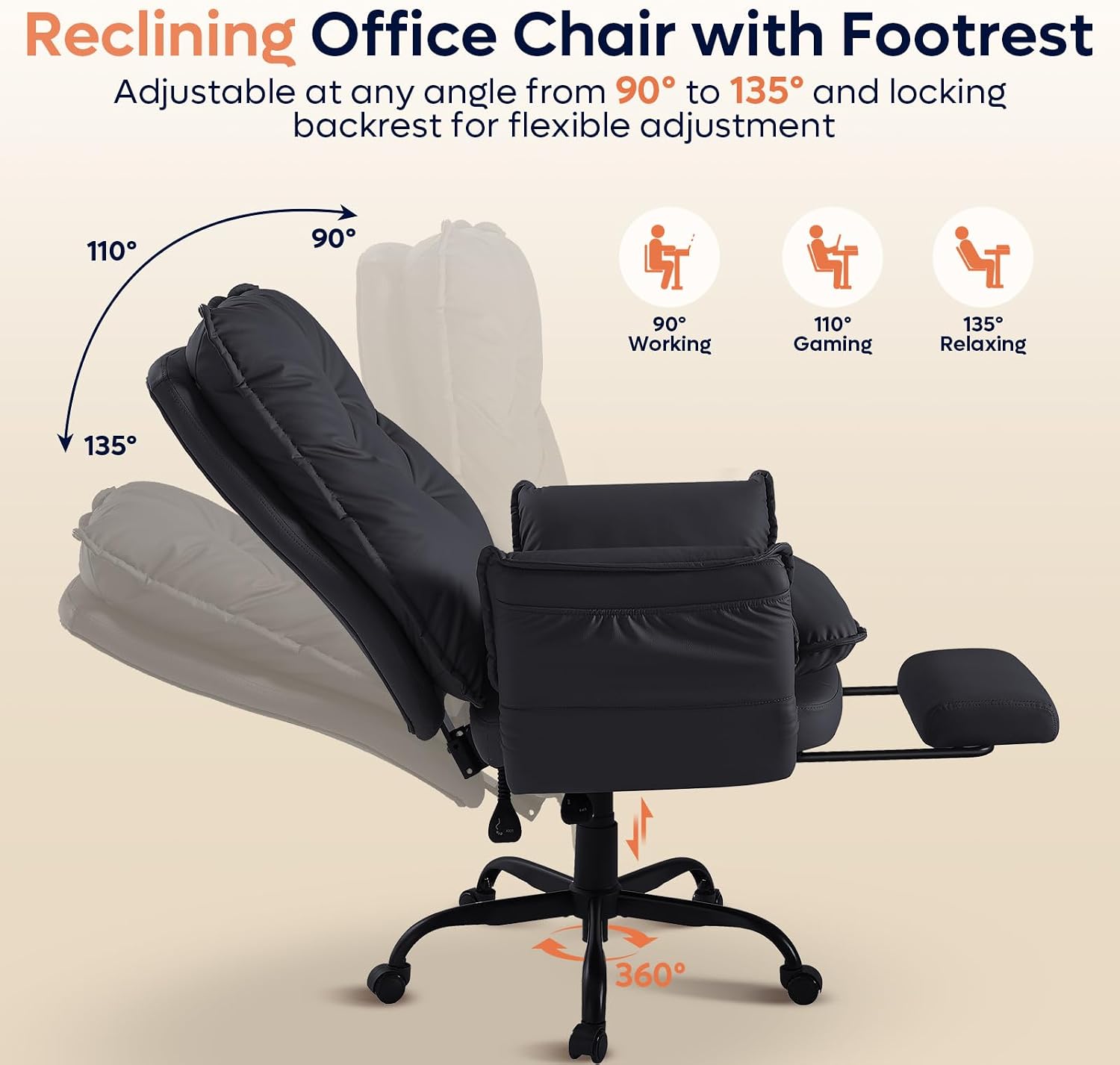 Bestier Cross Legged Office Chair with Footrest, High Back Criss Cross Chair with Reversible Armrests and Wheels, Big and Tall Reclining Office Chair for Home PU Leather Black
