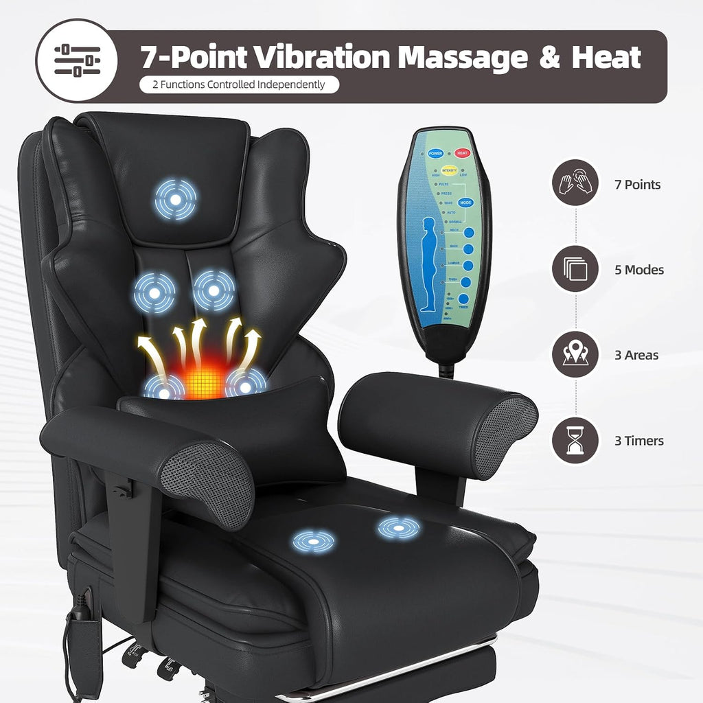 7-Point Massage Office Chair,Heated Desk Manageral Chair,Ergonomic Executive Chair with Footrest,Adjustable Armrest，Computer Chair for Offices, Study Areas, Gaming Spaces,Black