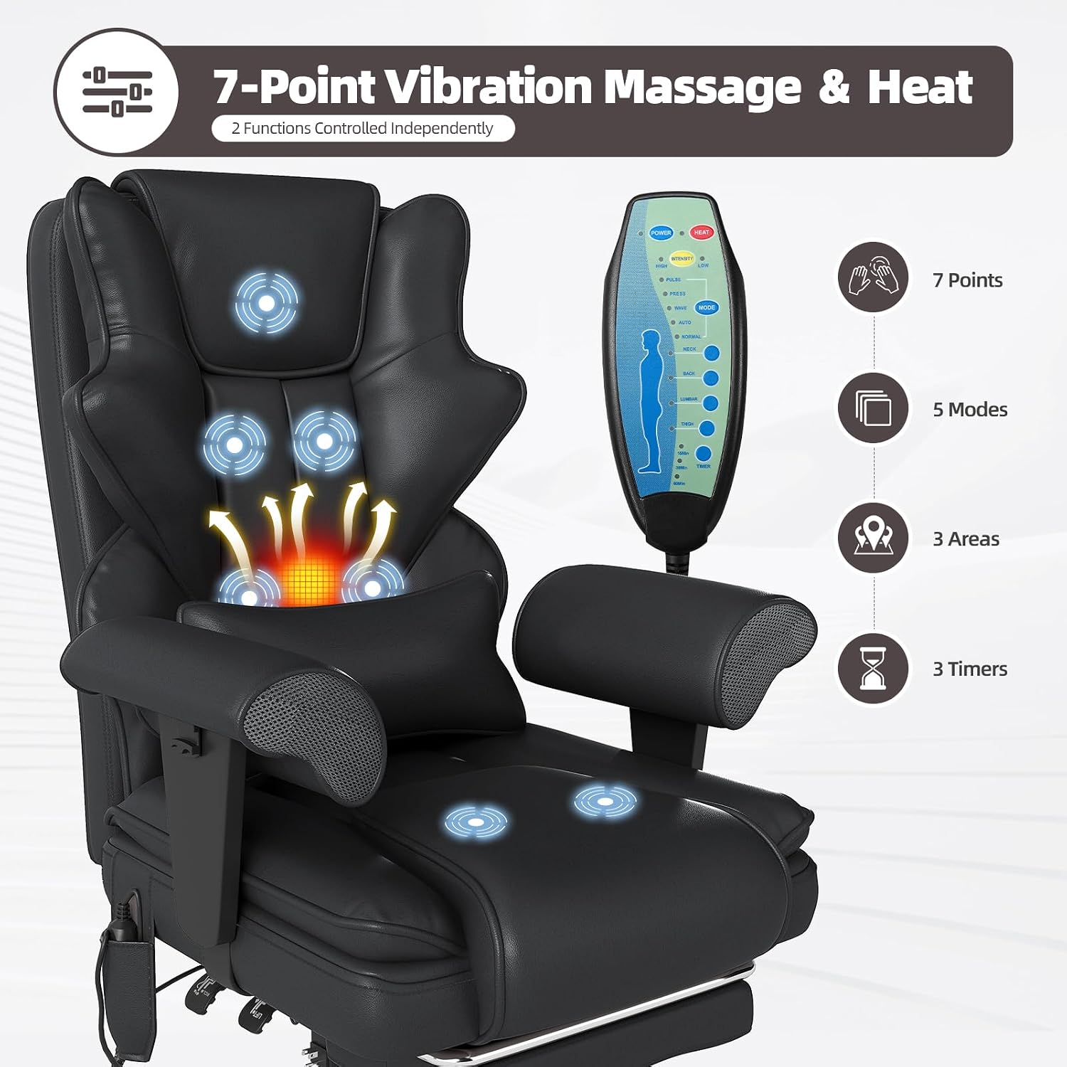 7-Point Massage Office Chair,Heated Desk Manageral Chair,Ergonomic Executive Chair with Footrest,Adjustable Armrest，Computer Chair for Offices, Study Areas, Gaming Spaces,Black