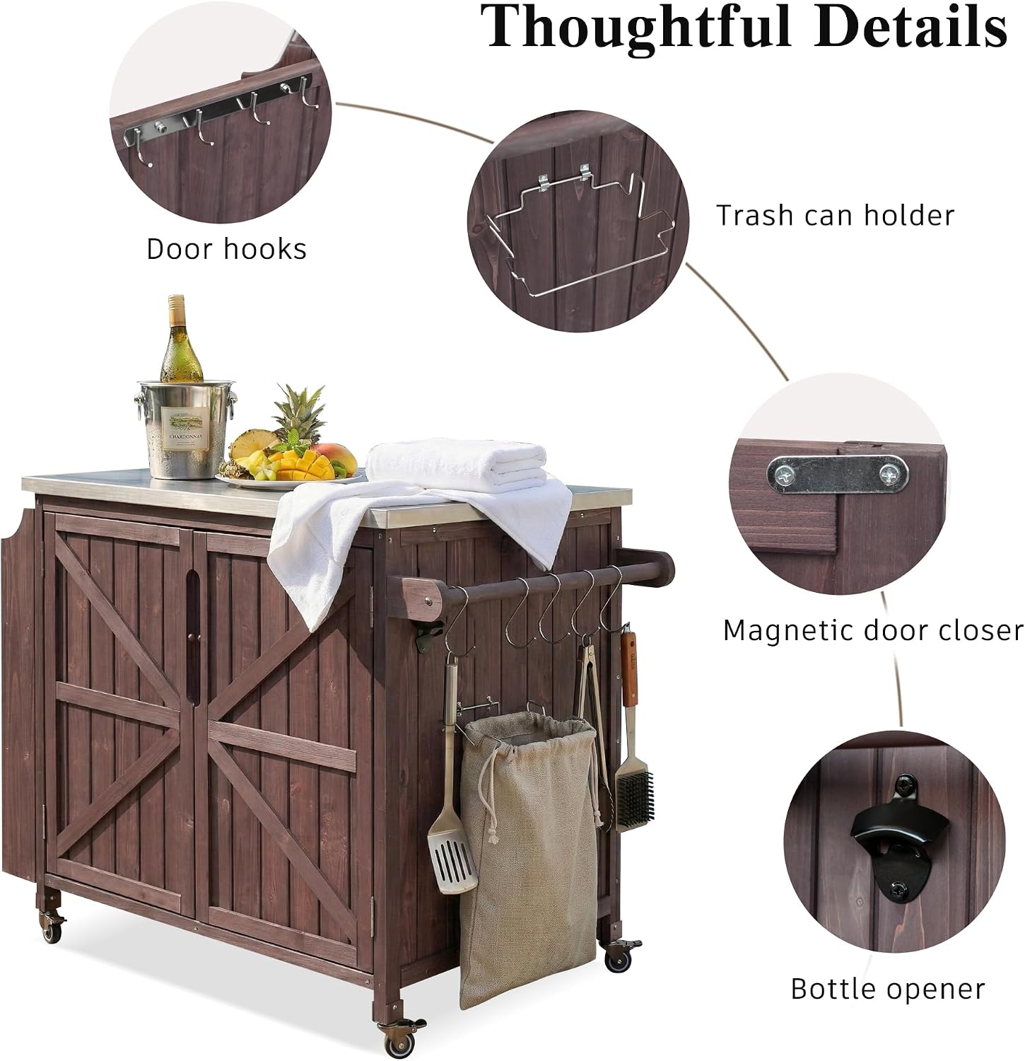 LUMISOL Outdoor Rolling Kitchen Cart with Stainless Steel Top, 42.1' Grill Cart with Adjustable Shelf and 4 Wheels, Farmhouse Kitchen Island with Side Shelf and Storage Cabinet, Dark Brown