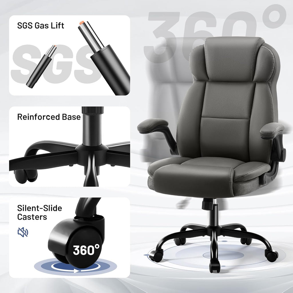 AreShark Ergonomic Office Chair with High Back Headrest,PU Leather Executive Desk Chair Padded Flip-Up Armrests,Lumbar Support,Swivel Computer Chair for Home Office & Gaming,Gray