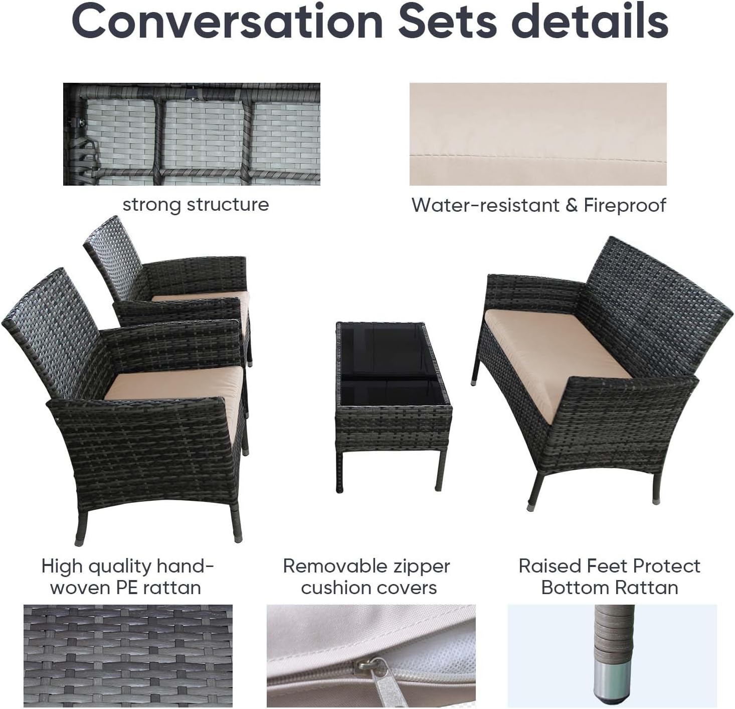 Outdoor Furniture Set of 4 Pieces with PE Waterproof Rattan Tempered Glass Table and Thick Cushions Suitable for Gardens Porches Terraces and Balconies Easy to Assemble, Grey