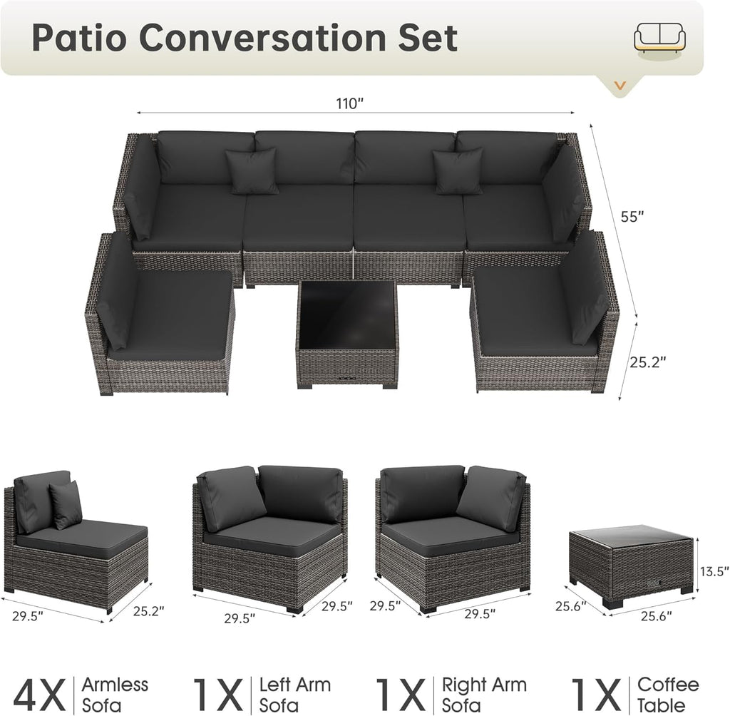 LHBcraft 7 Piece Patio Outdoor Furniture Set, Outdoor Sectional, All-Weather Hand-Woven Wicker Black Patio Sectional, Rattan Outside Furniture with Cushion and Glass Coffee Table
