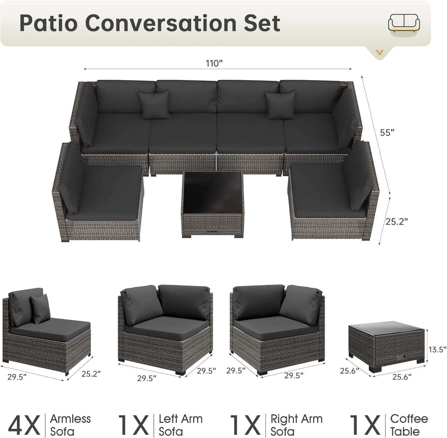 LHBcraft 7 Piece Patio Outdoor Furniture Set, Outdoor Sectional, All-Weather Hand-Woven Wicker Black Patio Sectional, Rattan Outside Furniture with Cushion and Glass Coffee Table