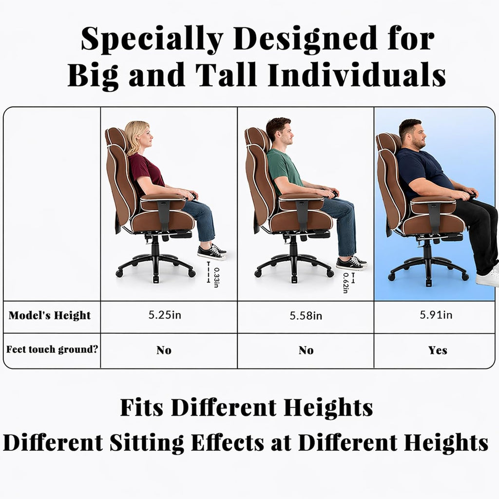 DJ·Wang Big and Tall Office Chair with Foot Rest, High Back Executive Office Chair PU Leather, Ergonomic Chairs with Lumbar Support, 135° Reclining Chairs with Thickened Spring Cushion Brown