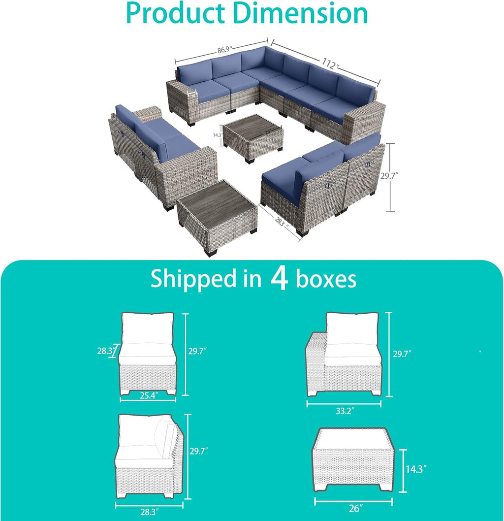 12-Piece Outdoor Patio Furniture Set Wicker Sectional Sofa Set, Patio Conversation Set with Thickened Cushions & Coffee Table for Garden, Backyard, Poolside, Navy Blue