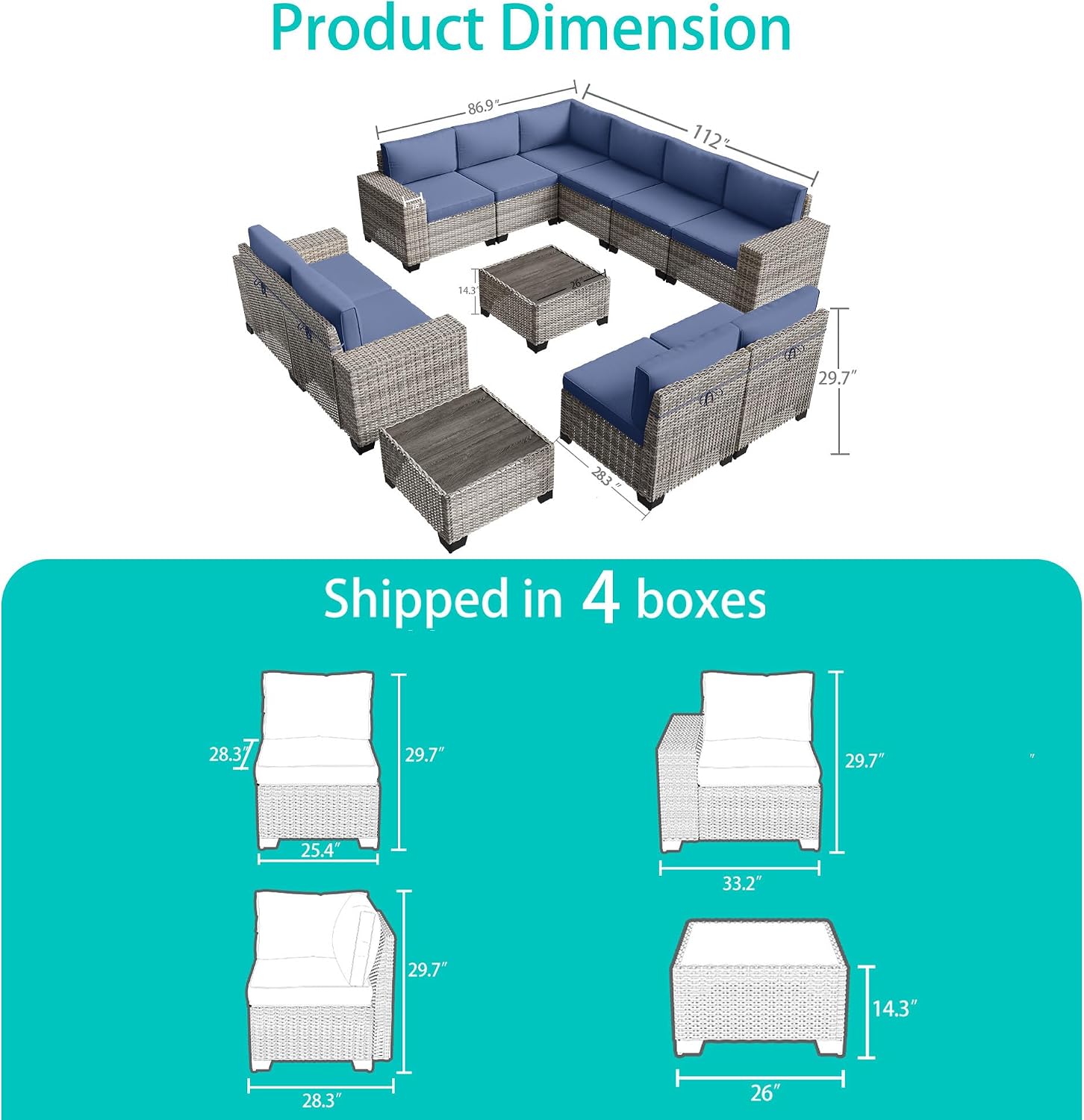 12-Piece Outdoor Patio Furniture Set Wicker Sectional Sofa Set, Patio Conversation Set with Thickened Cushions & Coffee Table for Garden, Backyard, Poolside, Navy Blue