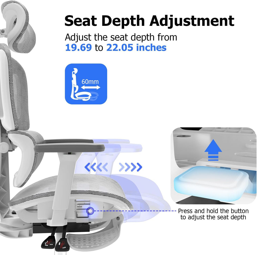 PatioMage Ergonomic Office Chair, Big and Tall Desk Chair with Adjustable Lumbar Support & Seat Depth, High Back Computer Chair, Swivel Mesh Chairs with Wheels for Home Office, White