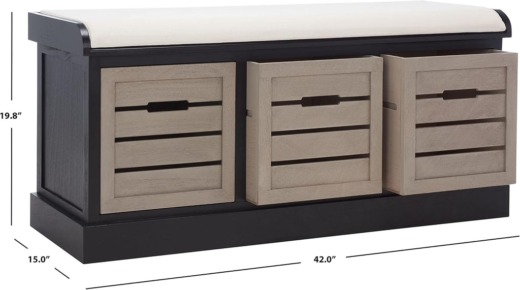 SAFAVIEH Home Collection – Briar 3-Drawer Upholstered Storage Bench, Farmhouse Entryway Accent Bench with Cushion Top, Black Frame & Greige Drawer Fronts (BCH5700E)