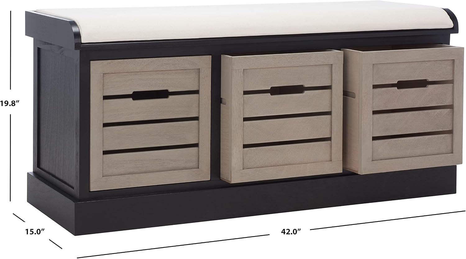SAFAVIEH Home Collection – Briar 3-Drawer Upholstered Storage Bench, Farmhouse Entryway Accent Bench with Cushion Top, Black Frame & Greige Drawer Fronts (BCH5700E)