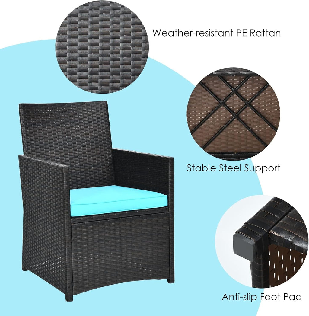 DORTALA Wicker Patio Bistro Set 3 Piece, Outdoor Table and Chairs with Tempered Glass Tabletop, Cushions, Small Rattan Furniture Conversation Sofa Set for Balcony, Porch, Backyard, Deck, Turquoise