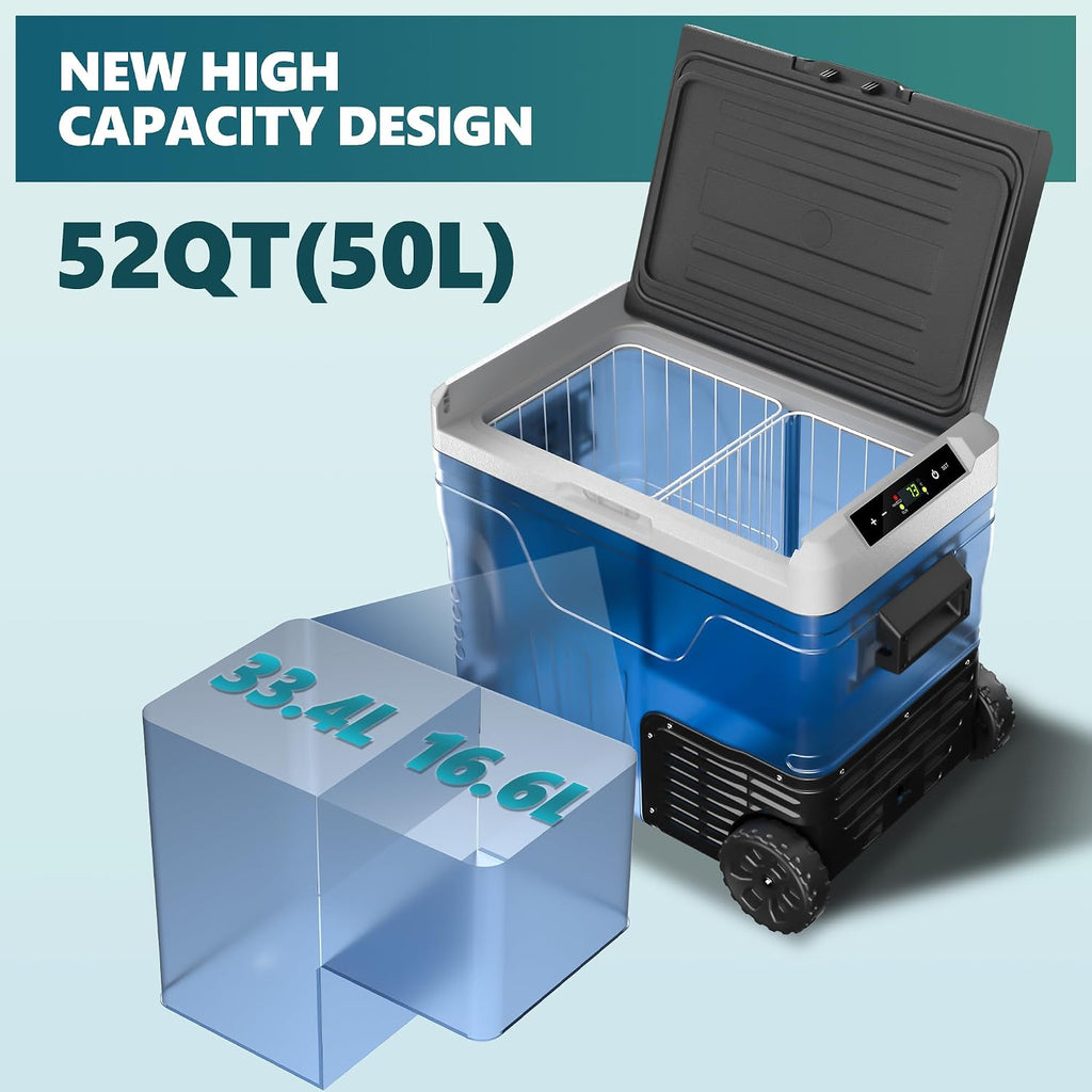 EUHOMY 12 Volt Refrigerator, 52QT(50L) Electric Cooler, Portable Freezer 12V/24V DC 100-240V AC, 12V Fridge -4℉~68℉, 12V Cooler with Wheels & 2 Baskets for Travel, Truck, Boat, Camping
