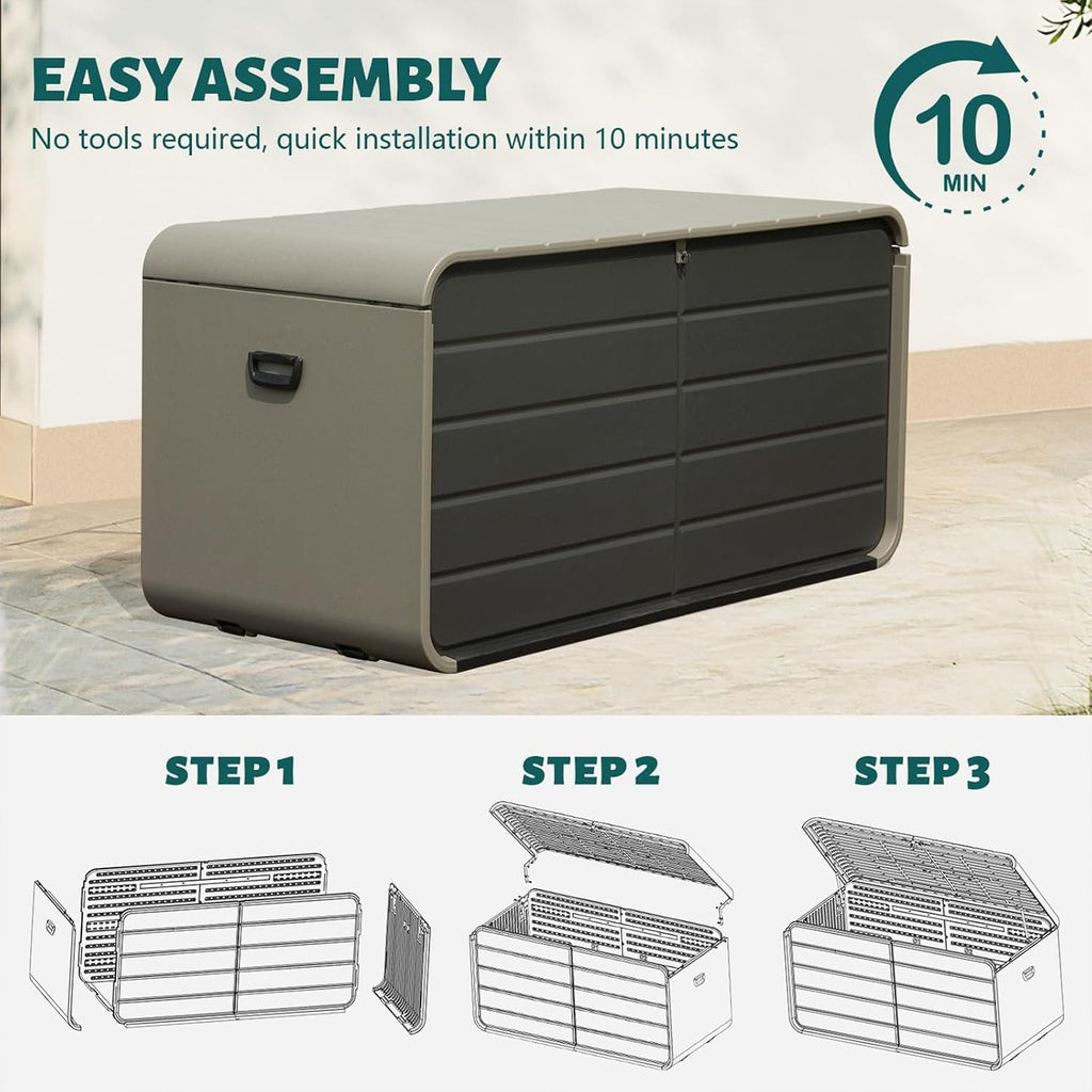 CHUNLY 160 Gallon Plastic Deck Box, Large Patio Storage Box with Lock, Wheels & Waterproof Lid for Outdoor Cushions, Garden and Pool Supplies (Gray)
