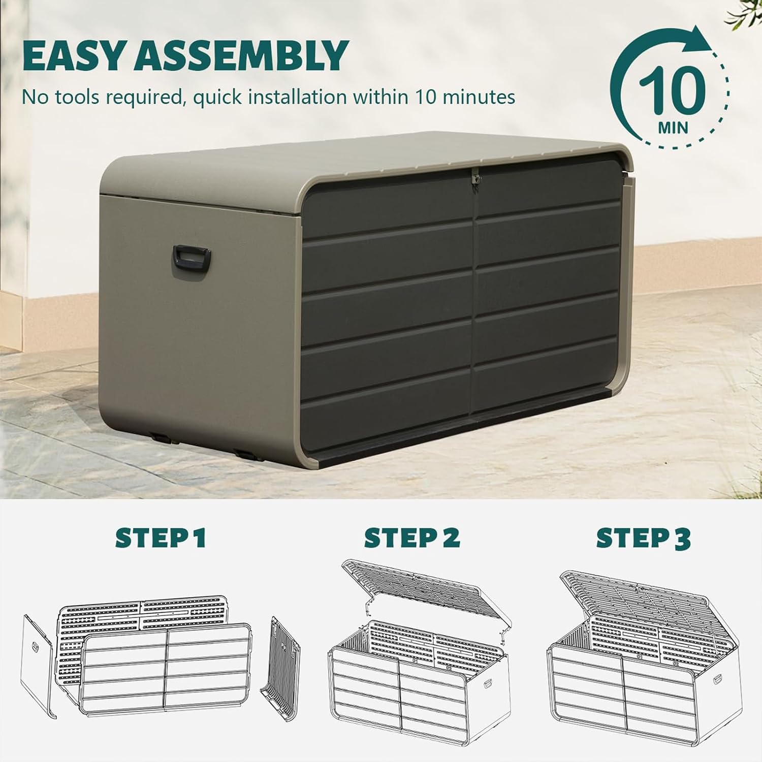 CHUNLY 160 Gallon Plastic Deck Box, Large Patio Storage Box with Lock, Wheels & Waterproof Lid for Outdoor Cushions, Garden and Pool Supplies (Gray)