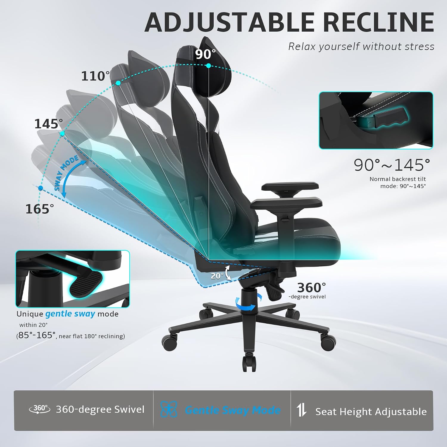Ergonomic Gaming Chair, Wyrdforging Computer Desk Chairs, 4D Armrests, High Back Office Chair With Headrest & Lumbar Pillow, Tilt Rocker Recliner, Heavy-Duty Base, Black PU Leather & White Suede Combo