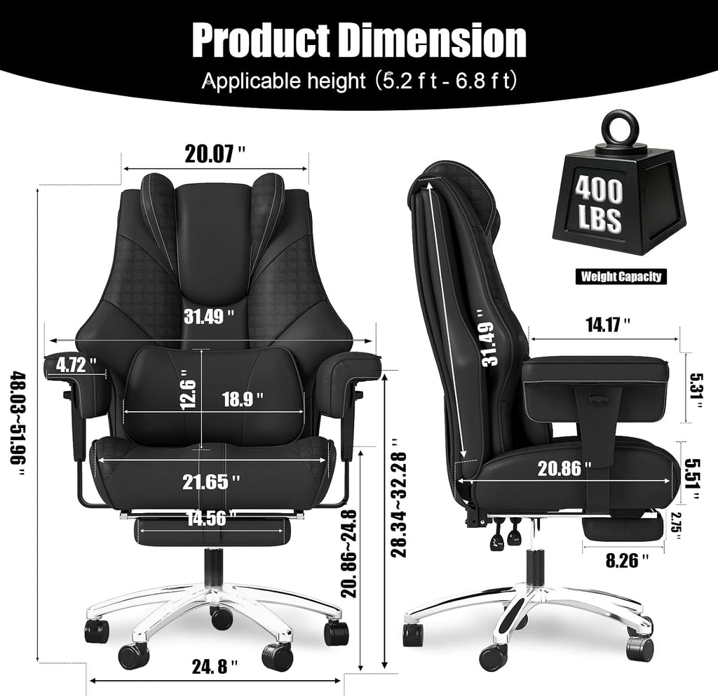 400lbs Big and Tall Office Chair, Wide Ergonomic Leather Executive Chair for Heavy People with Foot Rest, High-Back Reclining Computer Chair with Swivel Wheels and Lumbar Support (Black)