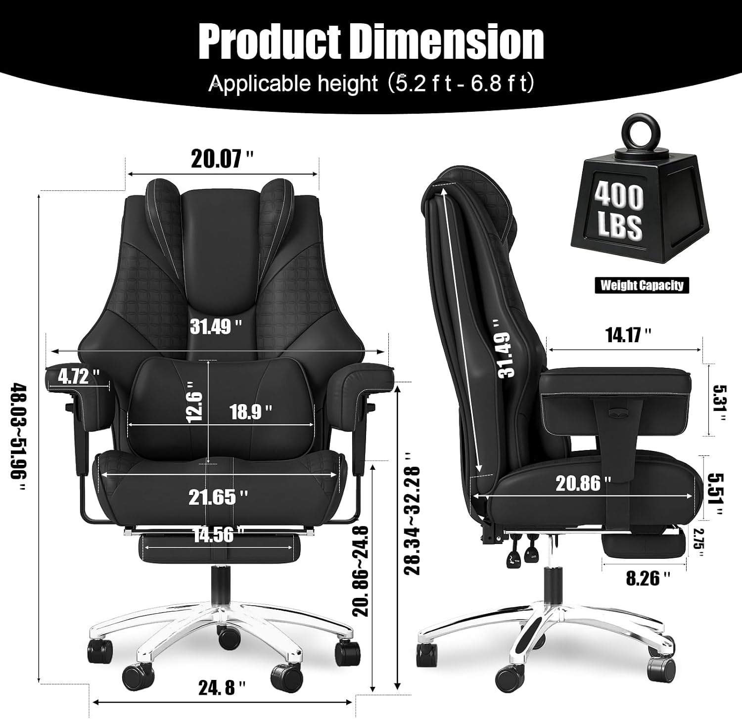 400lbs Big and Tall Office Chair, Wide Ergonomic Leather Executive Chair for Heavy People with Foot Rest, High-Back Reclining Computer Chair with Swivel Wheels and Lumbar Support (Black)