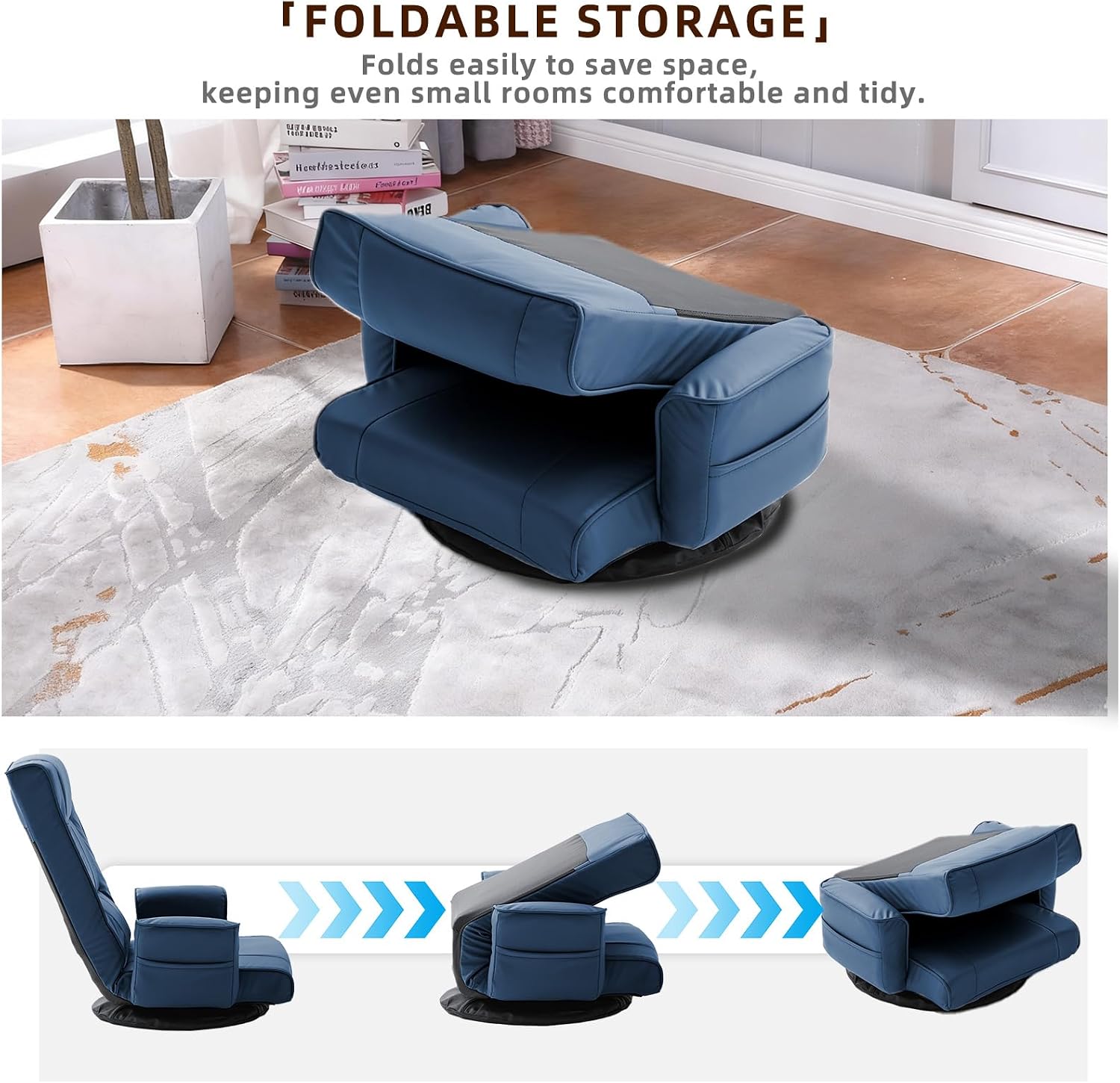 360° Swivel Floor Chair with Armrests, 14-Position Adjustable Floor Lounger for Adults, Folding Padded Floor Seat with Backrest for Gaming, Reading & Living Room (Blue)