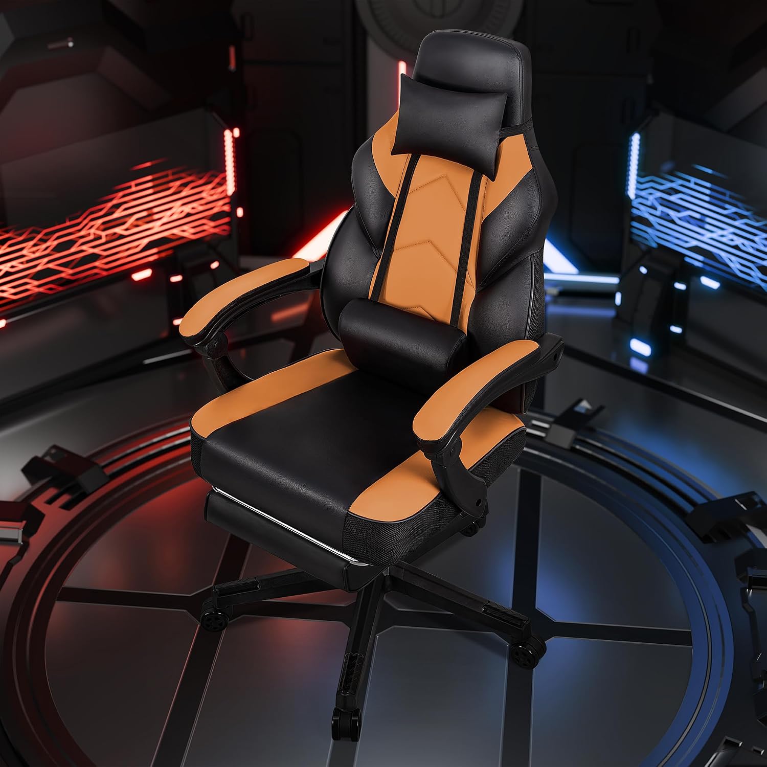 SUNLEI Gaming Chair for Adults, Ergonomic PU Leather Office Chair with Headrest & Footrest, Video Game Chairs with Massage Lumbar Support, Height Adjustable Computer Chair with 360° Swivel, Walnut Red