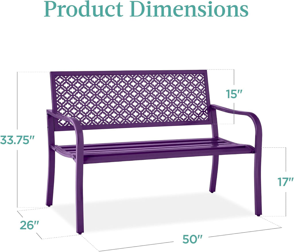 Best Choice Products Outdoor Bench 2-Person Metal Steel Benches Furniture for Garden, Patio, Porch, Entryway w/Geometric Backrest, 790lb Capacity - Dark Purple