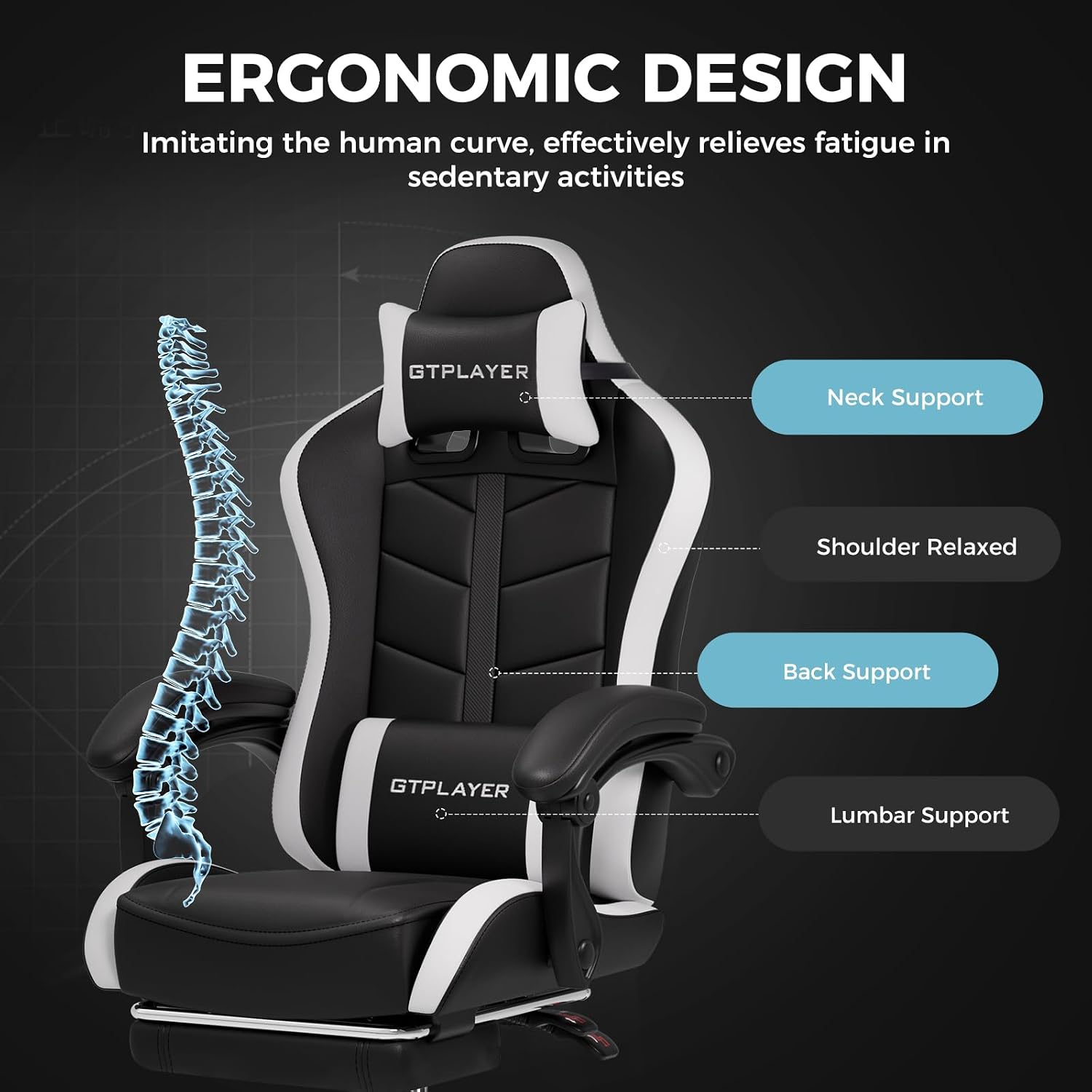 GTPLAYER Gaming Chair High Back Ergonomic Gamer Seat with Footrest and Lumbar Support Adjustable Reclining Swivel Computer Office Desk Chairs for Adults(White)
