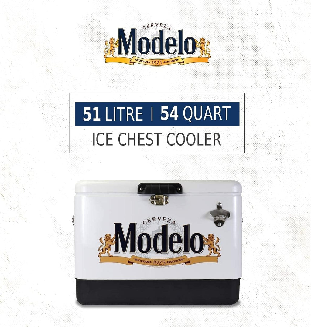 Modelo Ice Chest Cooler - Portable Ice Bucket with Bottle Opener, Vintage Style, Insulated for Camping, Beach, Picnic, RV, BBQs, Tailgating, Fishing, Stainless Steel 85 Can Ice Box, 51L (54 qt)