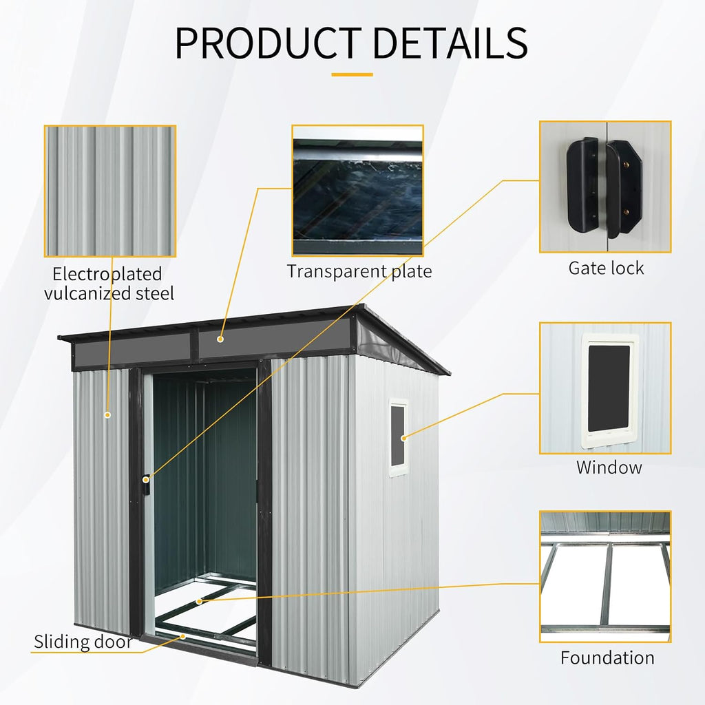 JT 6X4.5FT Outdoor Storage Shed, Galvanized Metal Garden Shed with Window and Metal Foundation, Tool Storage Shed for Patio Lawn Backyard (White-Black-with The window-6ftx4.5ft)