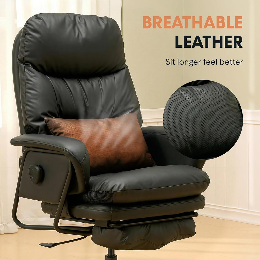 FLEXISPOT Ergonomic Office Chair with Footrest 90-165° Reclining High Back Desk Chairs Indoor Lounge Chair with Wheels Lumbar Support Pillow, Chairs for Working Relaxing Cross Legged, Leather, Black