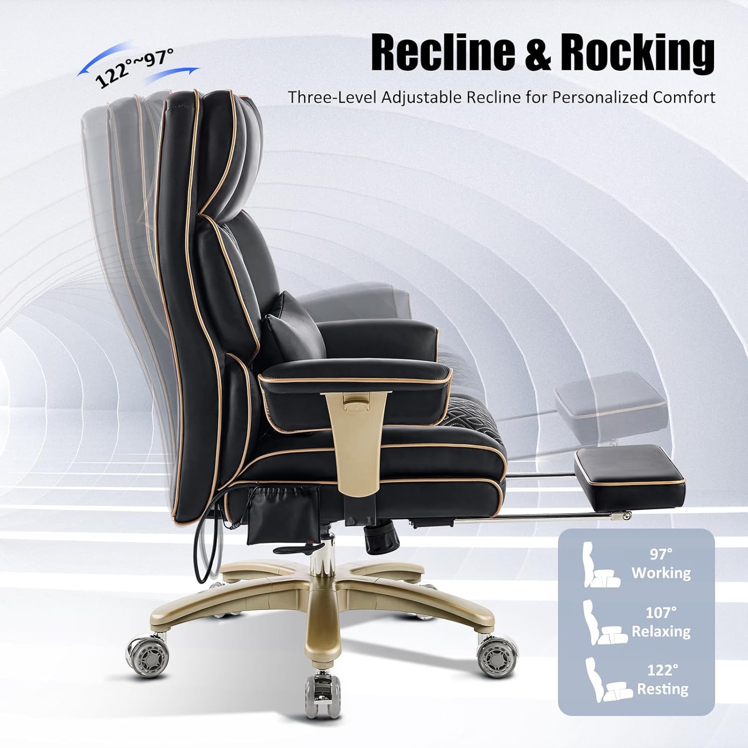 Big Tall Executive Office Chair 500lbs, Comfortable PU Leather Desk Chair with Footrest Adjustable Air Back Support, Lumbar Massage Function, 360°Swivel, Tilt Recline,Height Adjustment,Black