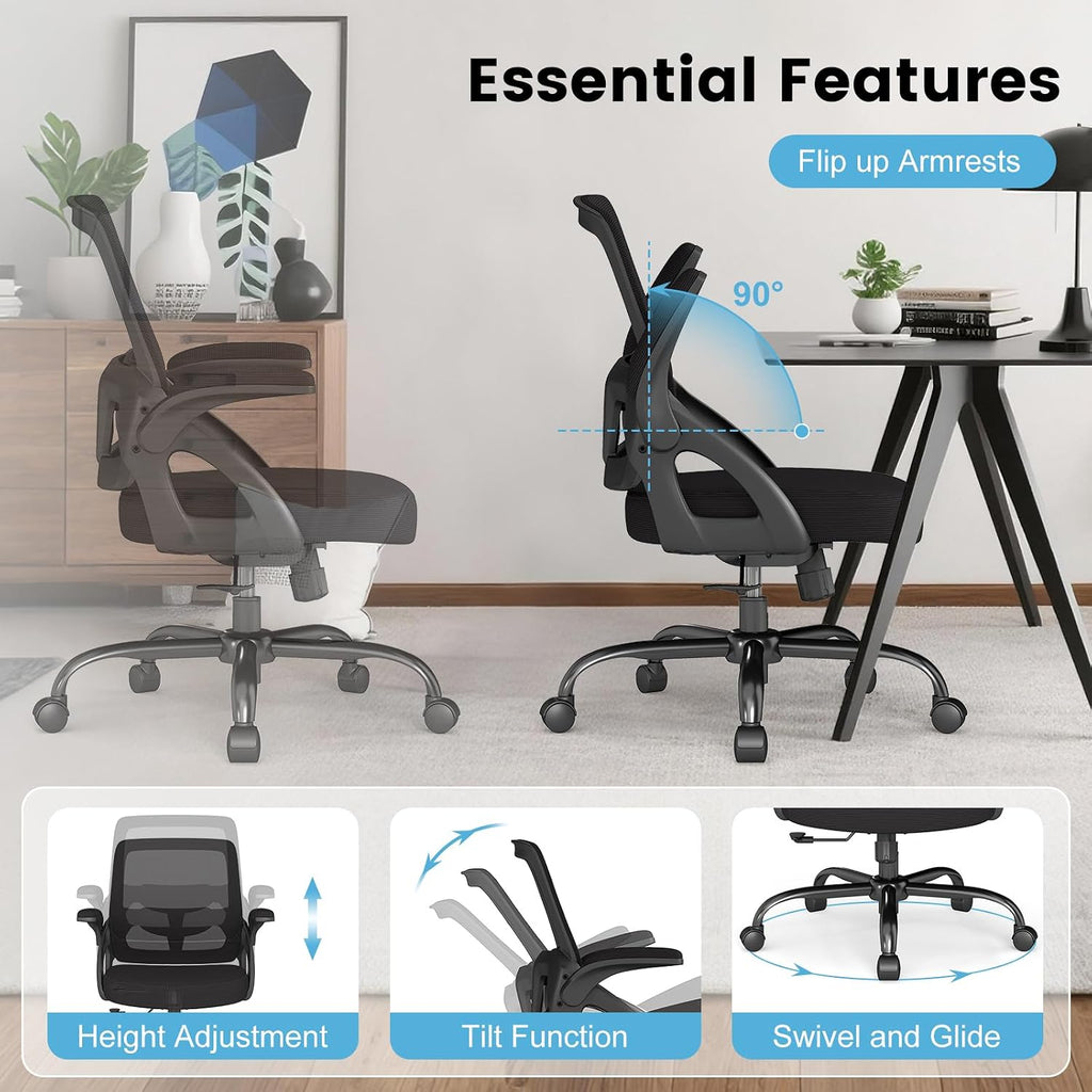 AnyGod Big and Tall Office Chair, Ergonomic Desk Chair Mesh Mid Back with Comfy Lumbar Support Swivel Task Executive Chairs with Wheels, Flip up Arms for Home, Office, Study