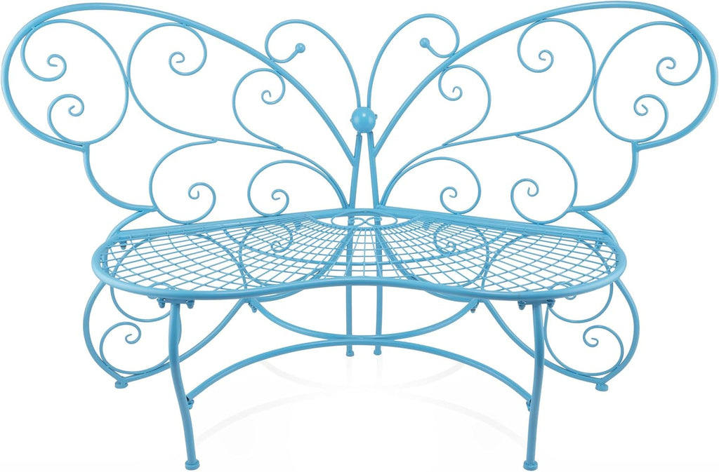 Alpine Corporation BAZ400BL Indoor Outdoor Metal Butterfly Shaped Garden Bench, 62' Long, Blue