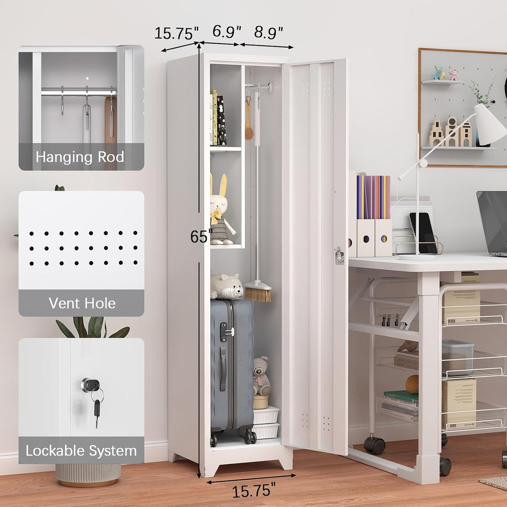 GREATMEET Slim Broom Storage Cabinets, Metal Garage Cabinet with Shelves and Hanging Rod, White Utility Cabinet with Locking Door, Slim Cabinet for Small Spaces Cleaning Supplies, Shop