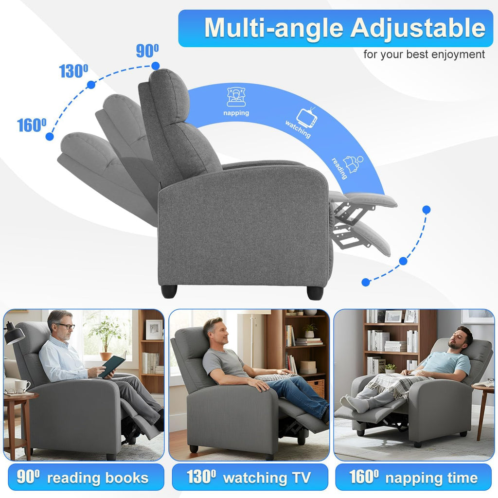 BestMassage | Recliner Chair | No Massage Function | Textile Grey | with Lumbar Support, Adjustable Push Back, Wide Armrests, Footrest & Padded Seat | Easy Assembly | for Living Room, Home Theatre