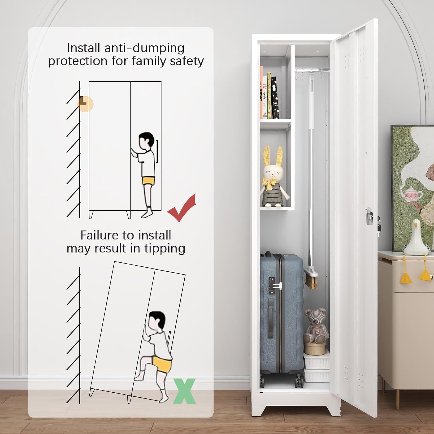 GREATMEET Slim Broom Storage Cabinets, Metal Garage Cabinet with Shelves and Hanging Rod, White Utility Cabinet with Locking Door, Slim Cabinet for Small Spaces Cleaning Supplies, Shop