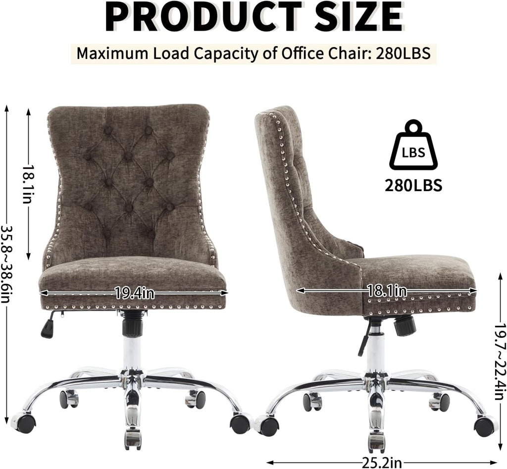 Home Office Chair with Wheels & Silver Base, Cute Chenille Fabric Makeup Vanity Chair with Tufted Back for Bedroom, Upholstered Adjustable Swivel Comfy Desk Chair for Girls Women, Grey