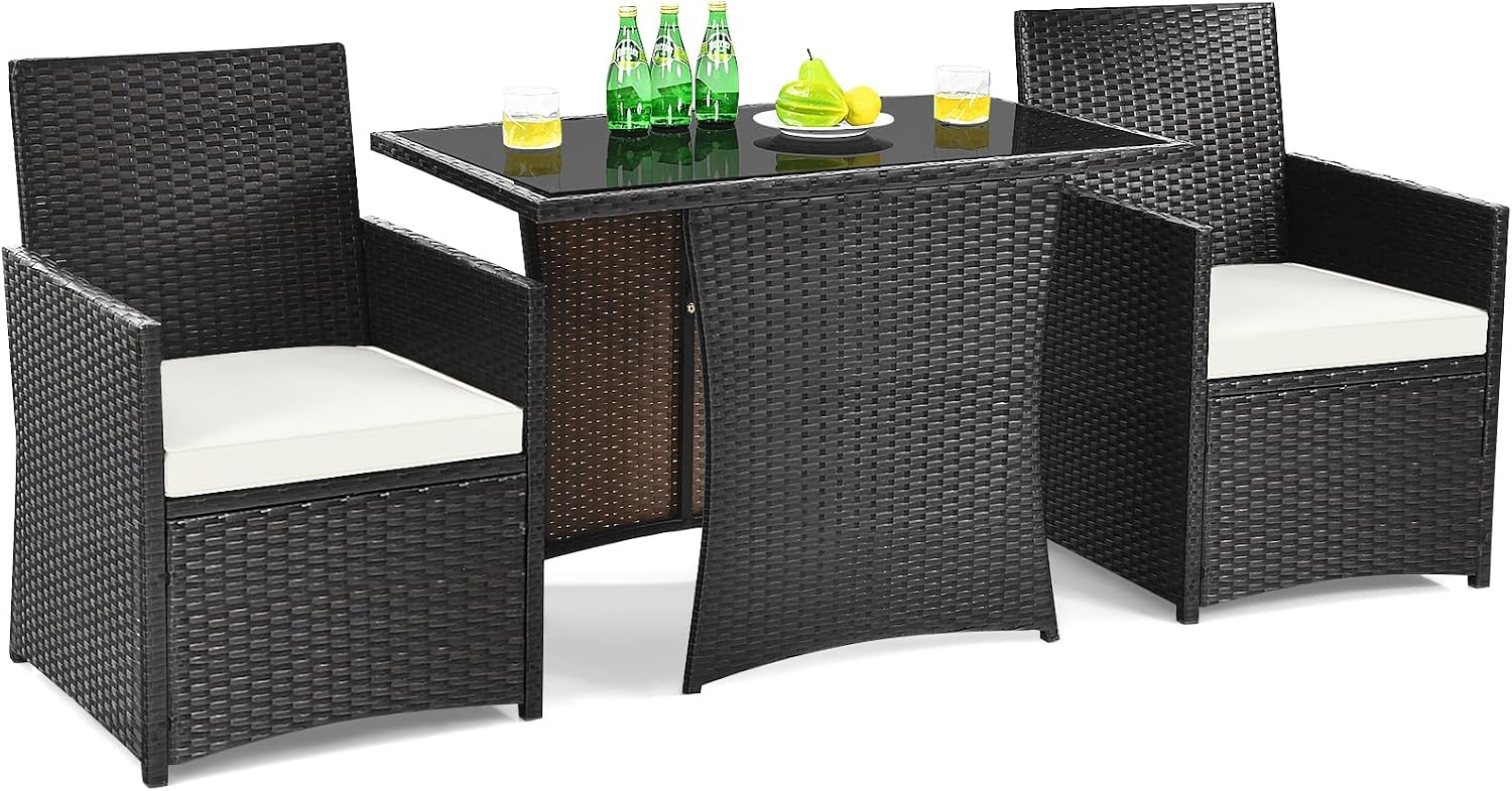 DORTALA Wicker Patio Bistro Set 3 Piece, Outdoor Table and Chairs with Tempered Glass Tabletop, Cushions, Small Rattan Furniture Conversation Sofa Set for Balcony, Porch, Backyard, Deck, White
