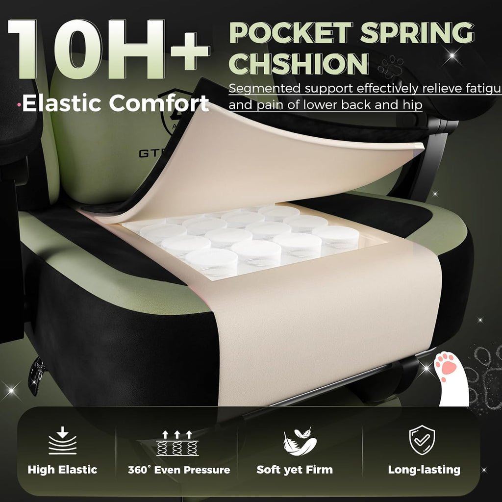 GTPOFFICE Cute Gaming Chair with Cat Ears, Ergonomic Computer Chair with Footrest Cat Paw Lumbar Support Comfortable Reclining Game Chair Desk Chair for Adult Teens, Soft Fabric, Green