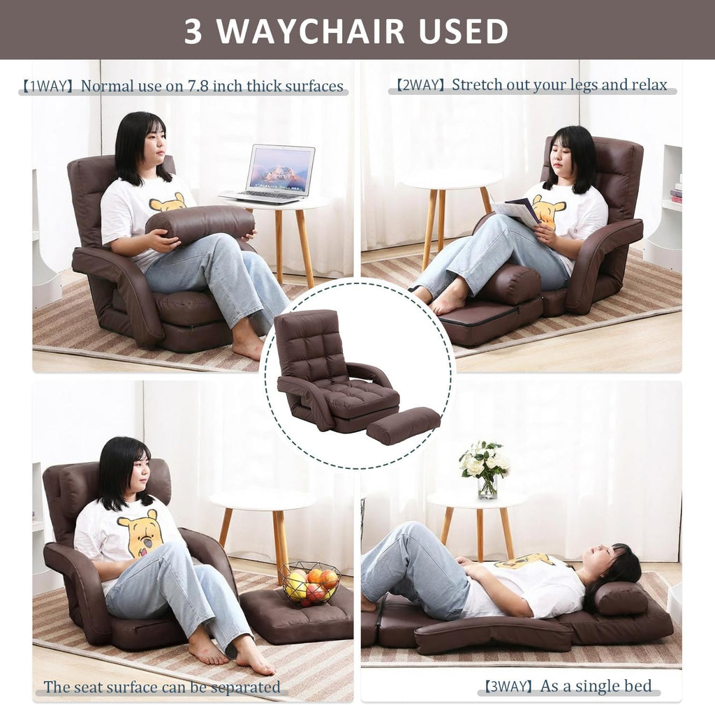 Floor Chair, Floor Gaming Chair with 14 Adjustable Position&Back Support, Folding Lounge Chair with Armrest for Adults, Lazy Sofa Lounger with Comfy Cushion for Living Room,Bedroom,PU,Coffee