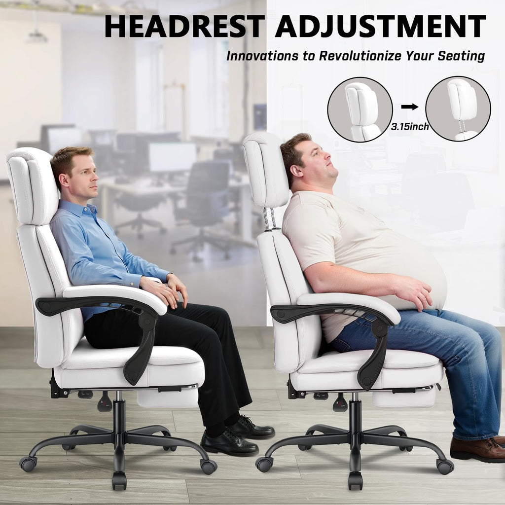 400lbs Office Chair with Foot Rest, Ergonomic Big and Tall Office Chair with Adjustable Headrest, High Back PU Leather Computer Chair,Comfy Heavy Duty Office Desk Chair (Classic White)