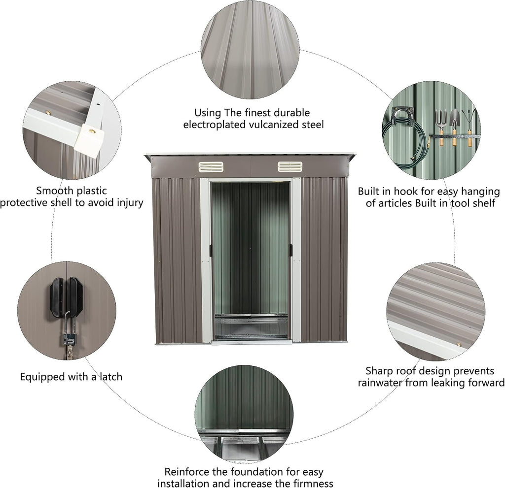 6.4ftX4ft Outdoor Storage Shed with Metal Foundation and Sliding Doors, Waterproof Tool Storage Shed for Patio Lawn Backyard (Gray-6.4ftx4ft)