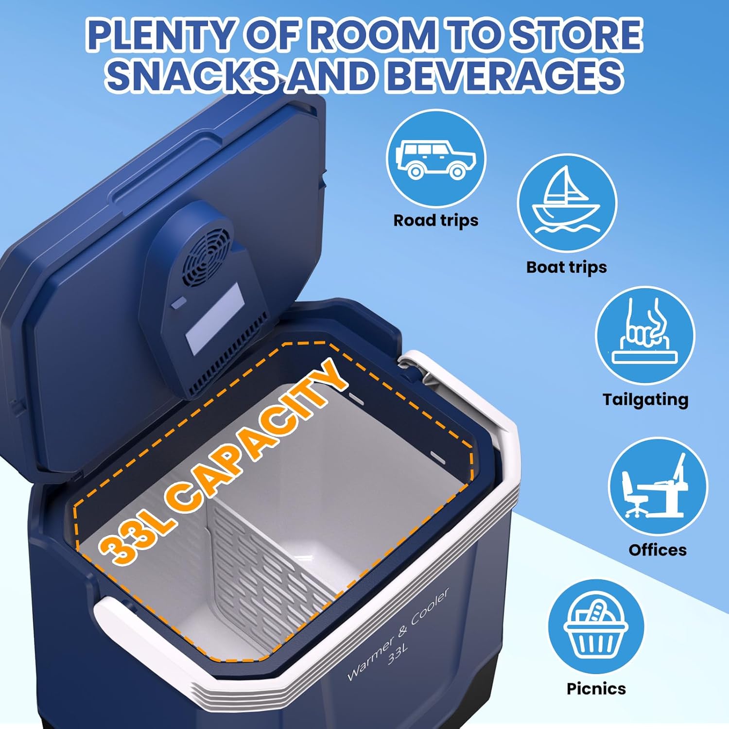 GarveeTech 35 QT (33 L) Electric Cooler & Warmer, Portable Car Refrigerator With Automatic Locking Handle, 12V Car Cooler for Vehicle & Trucks, 110V AC Home Power Cord, Plug In Coolers,Blue