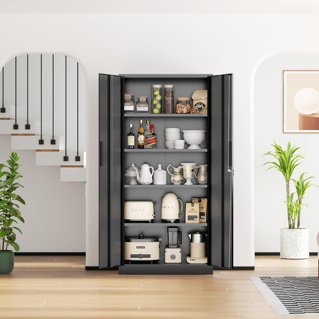 SUNCROWN 72' Metal Storage Cabinet - Heavy-Duty Metal Garage Cabinet with 4 Adjustable Shelves & 2 Doors for Tools, Office, Home, Workshop,Black-Small