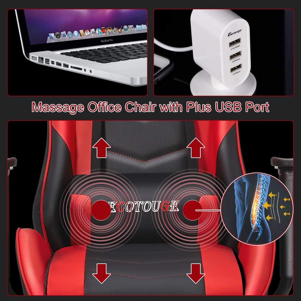 ECOTOUGE PC Massage Gaming Chair with Footrest Ergonomic Office Desk Chair Adjustable Massage Lumbar Cushion and Headrest, Red