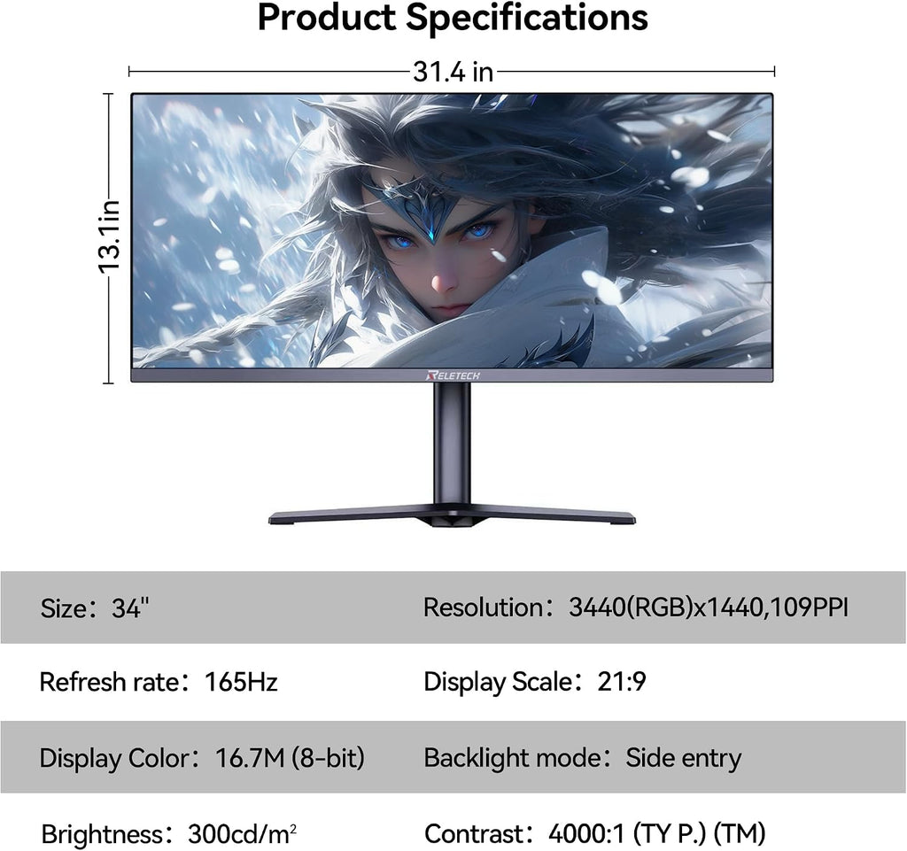 34 Inch Curved Ultrawide Gaming Monitor,21:9 WQHD (3440x1440) 165Hz 1ms 1500R Curved Monitor, 120% sRGB, Support Freesync,2 HDMI & 2 DP, Equipped with LED Backlight, VESA Mount (G34WQ)