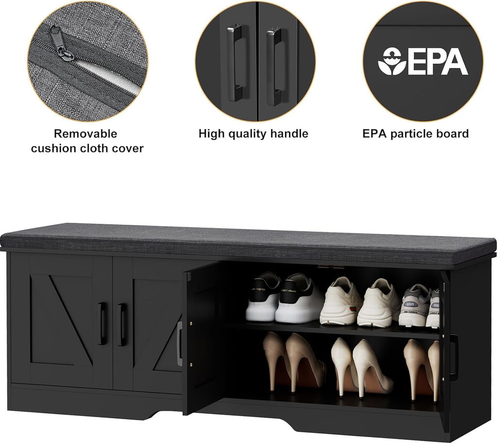 HOMSHO 2-Tier Storage Bench, 47.2' Wide Shoe Bench with Padded Seat Cushion, Entryway Bench with 4 Barn Doors and Adjustable Shelf, Black