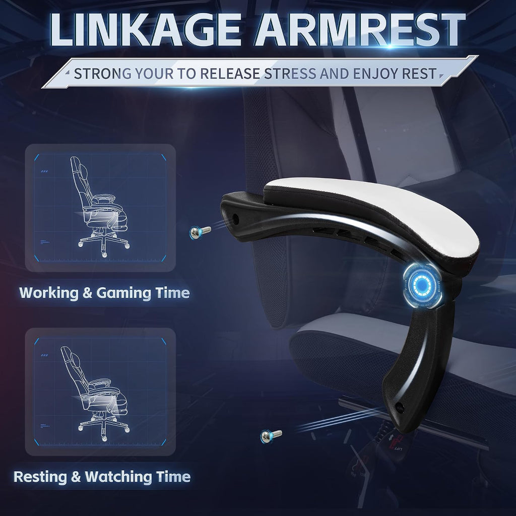 SUNLEI Gaming Chair for Adults, Ergonomic PU Leather Office Chair with Headrest & Footrest, Video Game Chairs with Massage Lumbar Support, Height Adjustable Computer Chair with 360° Swivel, White
