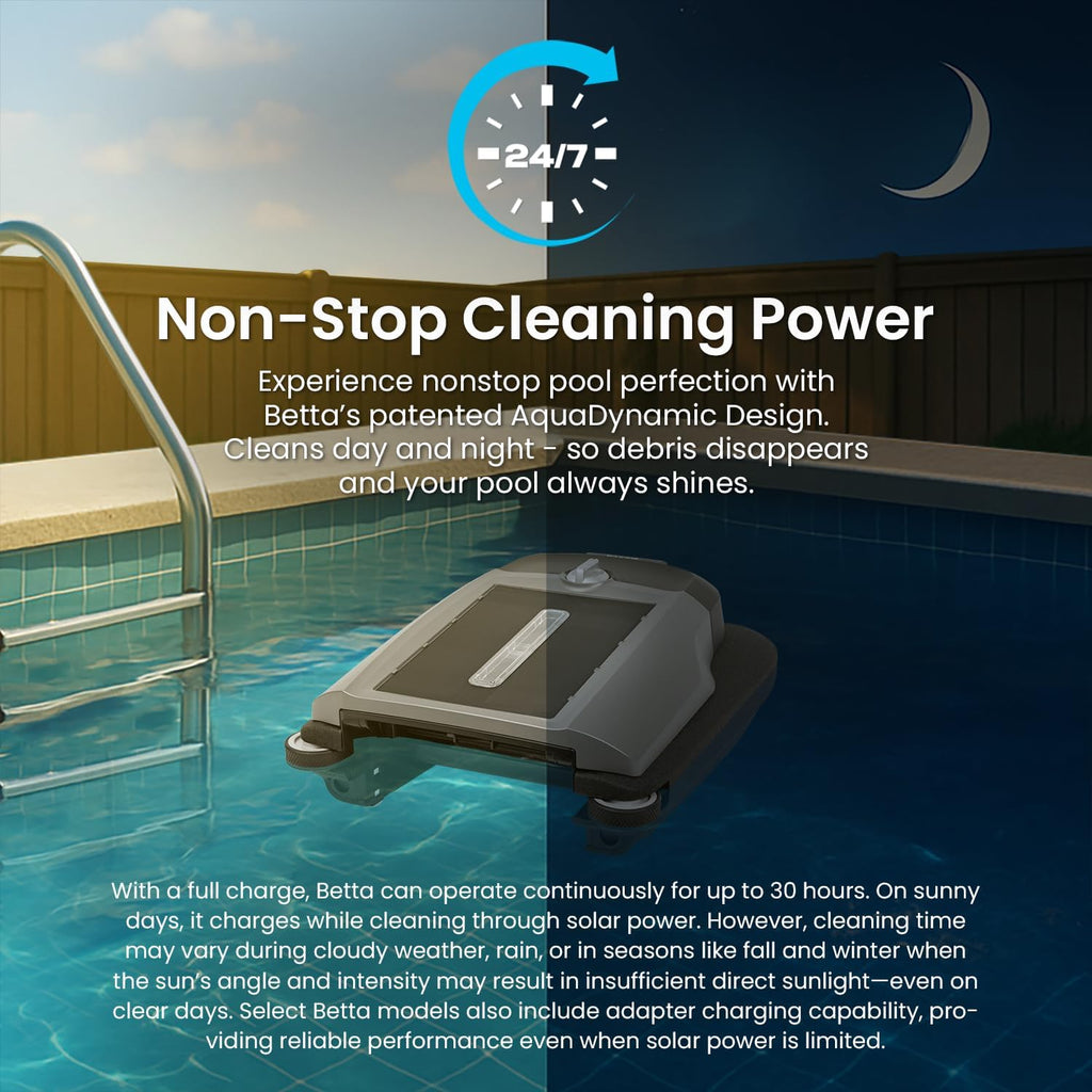 Betta Flex Solar-Powered Robotic Pool Skimmer – Cordless with Dual Cleaning Modes, Soft-Touch Pool Protection. Compatible with Infinity Edge, In-Ground & Above-Ground Pools (Grey)