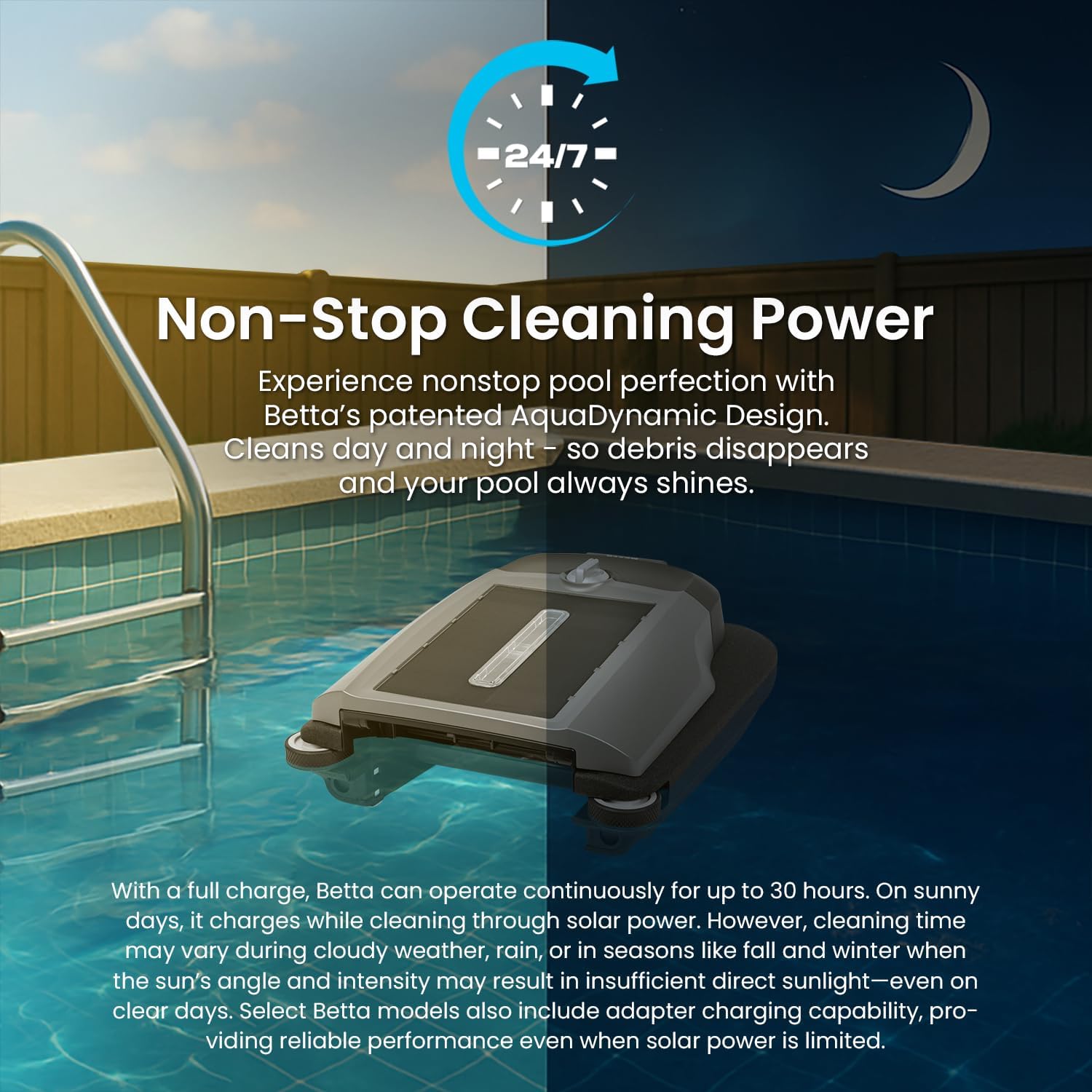 Betta Flex Solar-Powered Robotic Pool Skimmer – Cordless with Dual Cleaning Modes, Soft-Touch Pool Protection. Compatible with Infinity Edge, In-Ground & Above-Ground Pools (Grey)