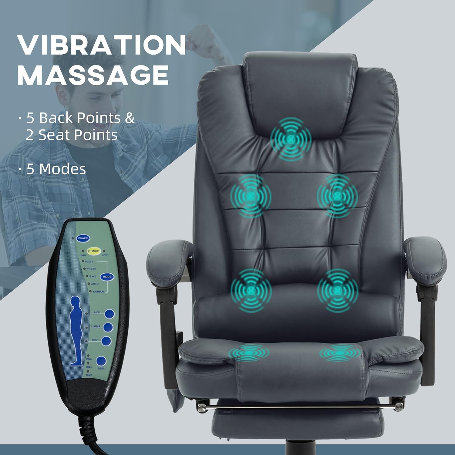 Vinsetto 7-Point Vibrating Massage Office Chair, High Back Computer Chair with Lumbar Support, Footrest, Reclining Back, Adjustable Height, Blue
